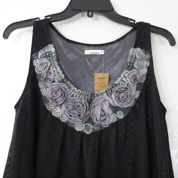Sleeveless Gray Floral Rose Black Lace Dress Sz M - Picture 2 of 11
